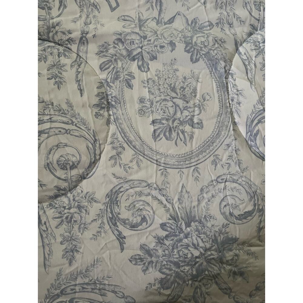 Vintage French country Toile‎ Cream Blue Queen Quilt Comforter Bedspread 2 Shams